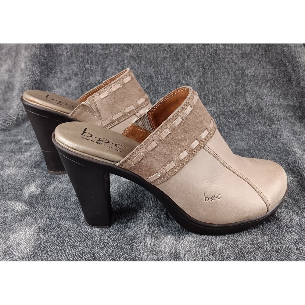 BOC Born Concept Beige Leather Suede Accent Chunky Heel Mules‎ Women - Picture 3 of 9